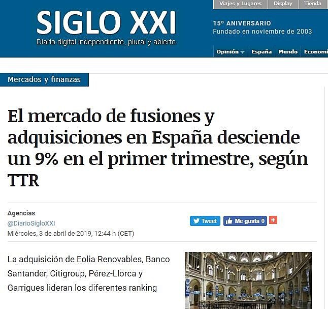 El mercado de fusiones y adquisiciones en Espaa desciende un 9% en el primer trimestre, segn TTR